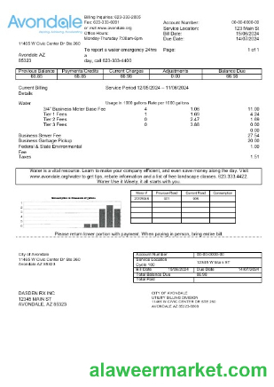 USA Arizona The City of Avondale Water business utility bill template in Word and PDF formats